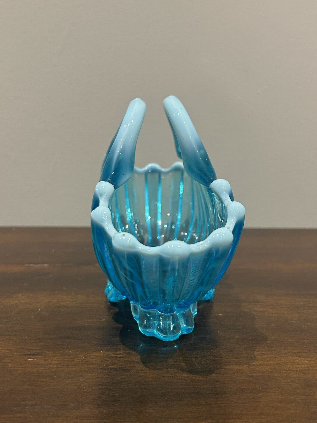 Pair Victorian Blue Pearline Opalescent Glass Basket Vases4