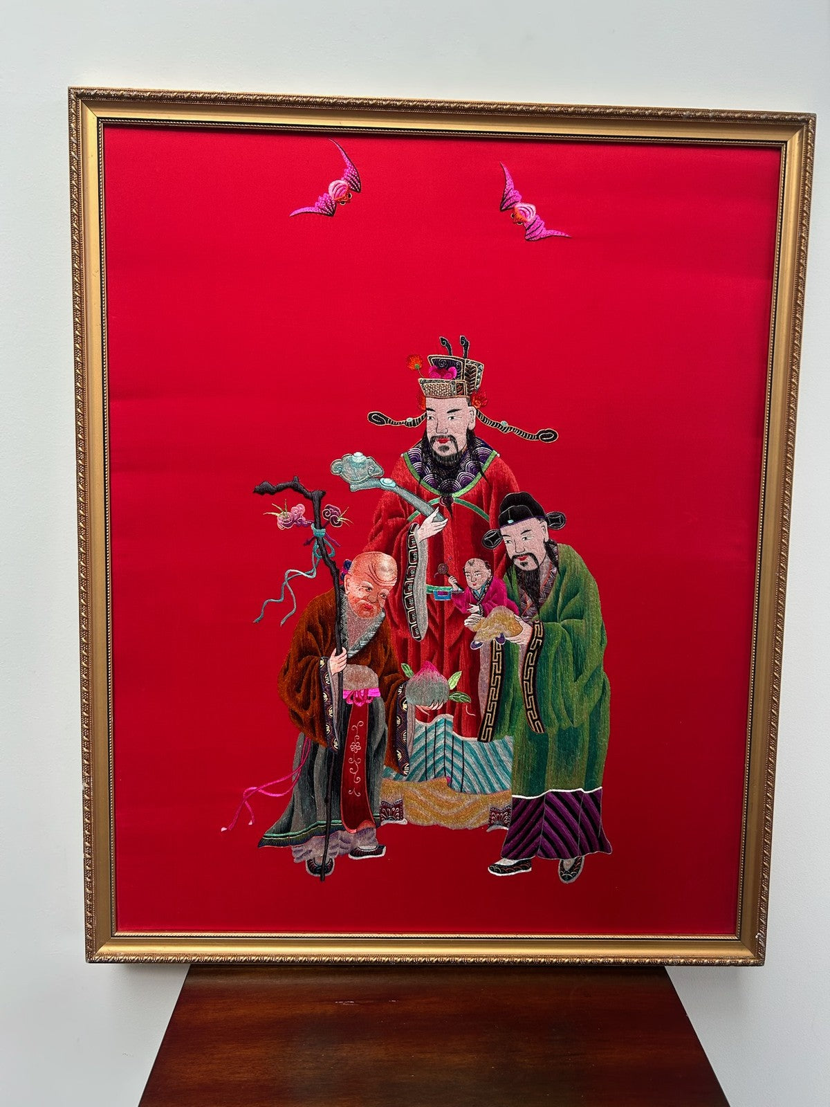 Antique Chinese Embroidered Silk Picture Immortals Red Ground Framed 58x69cm0