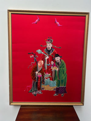 Antique Chinese Embroidered Silk Picture Immortals Red Ground Framed 58x69cm