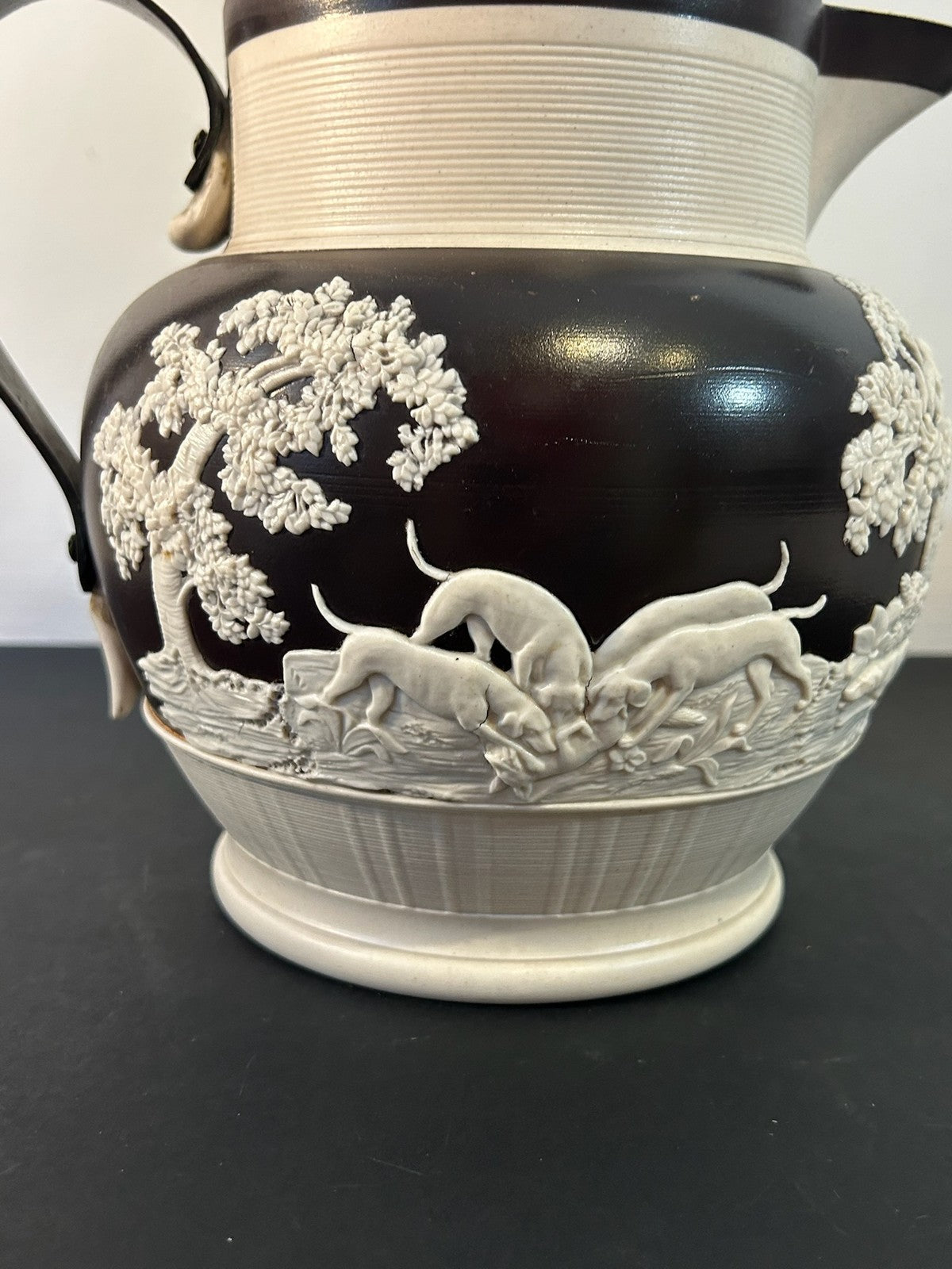 Antique Dipped Stoneware Jug White Sprigged Trees Figures Chocolate Ground2