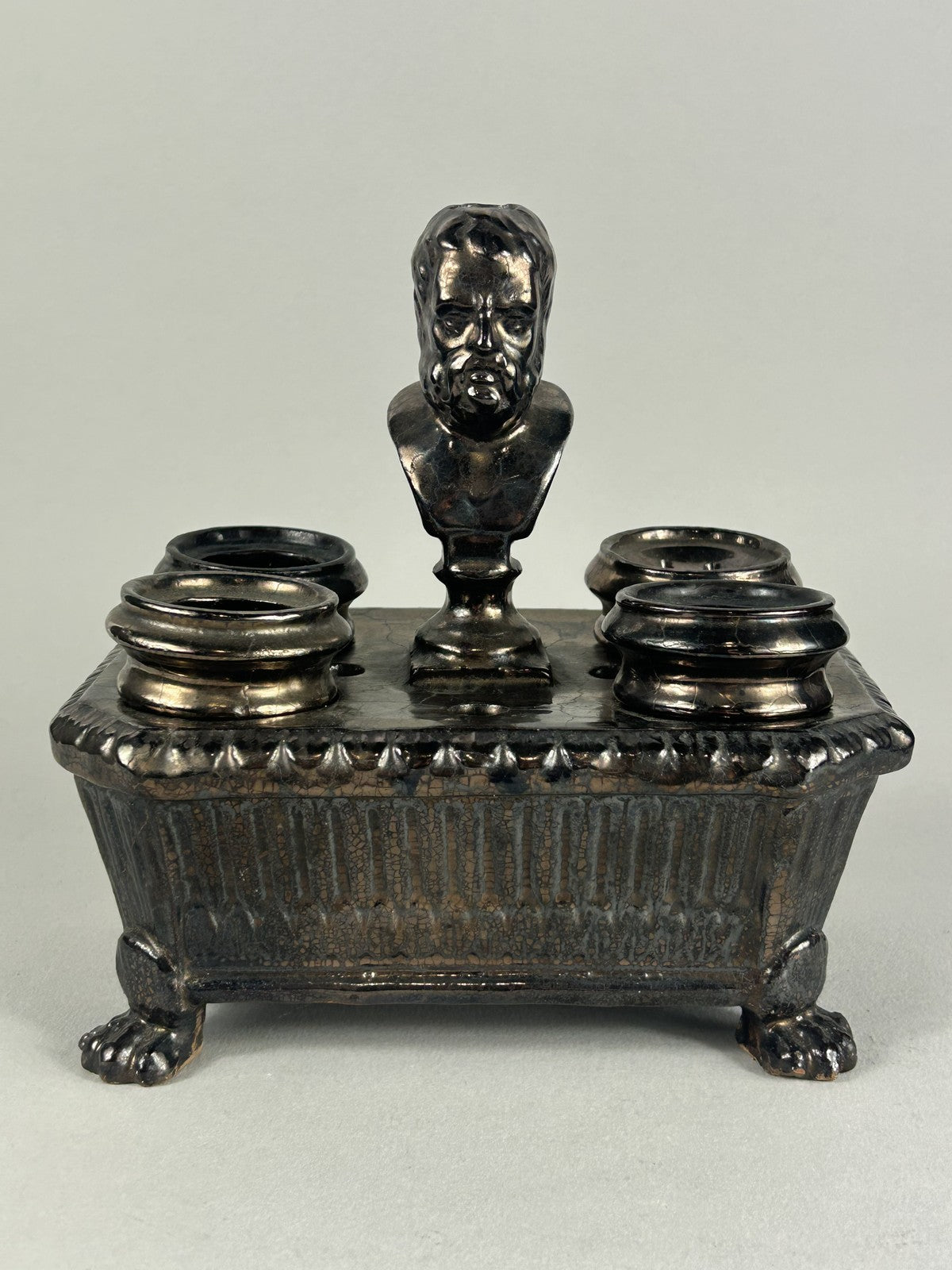 Early Staffordshire Silver Lustre Philosopher Inkstand with Four Pots