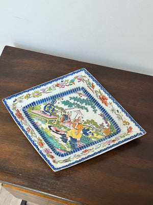 Antique Masons Style Ironstone Dish Chinoiserie Pagoda Blue Polychrome 19thC