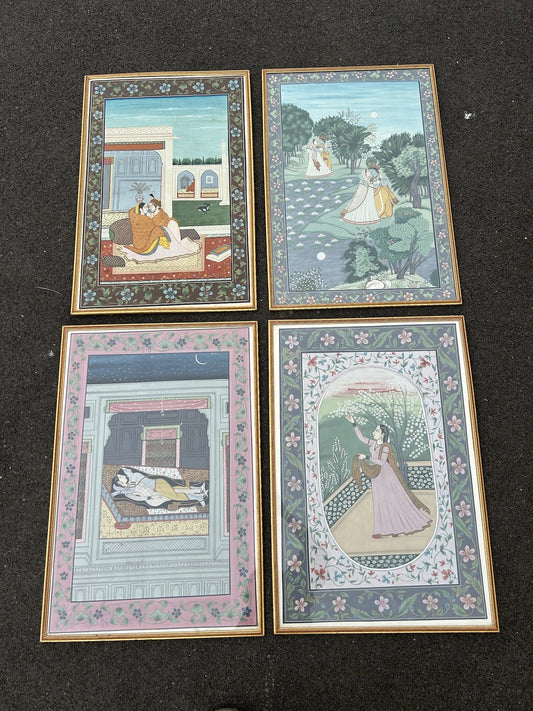 Set of 4 Framed Indian Paintings on Silk Vintage 1970s Love Scenes Large0