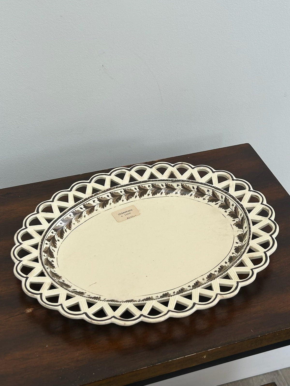Antique Creamware Oval Dish Pierced Lattice Rim Painted Leaf Border c1800 30cm0