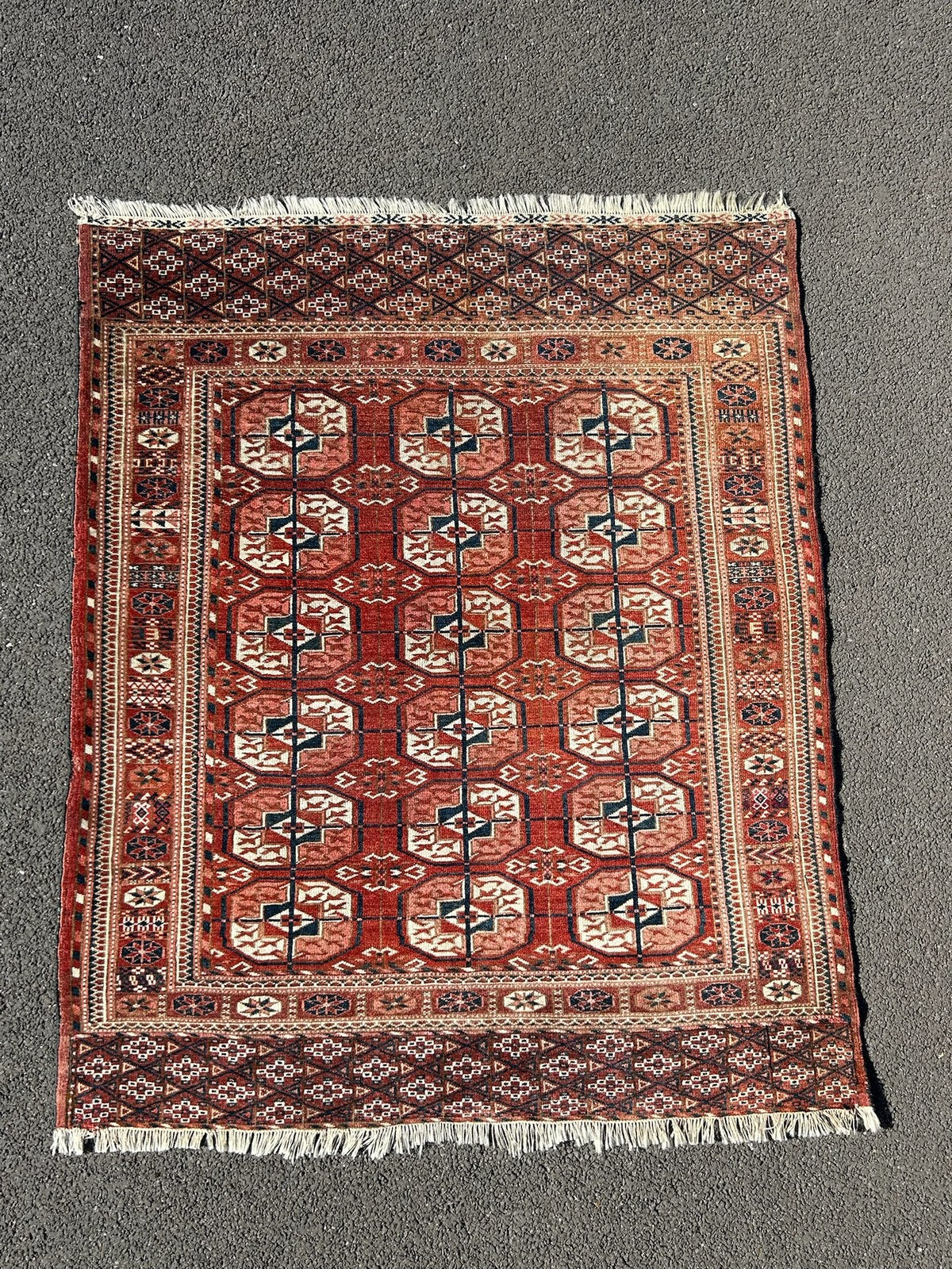 Antique Tekke Turkmen Rug Hand Knotted Wool Bokhara Gul Early 20thC 110x130cm4