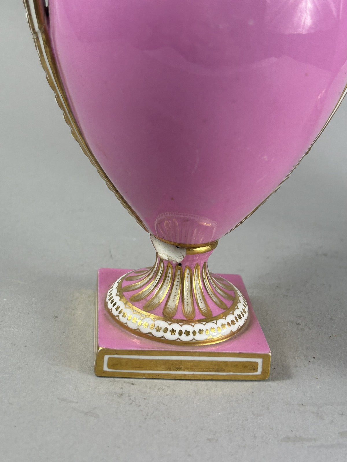 Antique Pair Pink Ground Gilt Porcelain Urn Vases, 18cm
