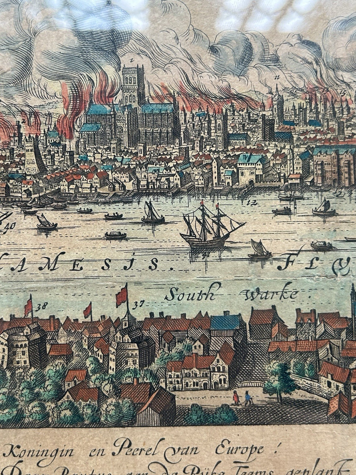 Rare 17thC Justus Danckerts London Great Fire 1666 Hand-Coloured Map10