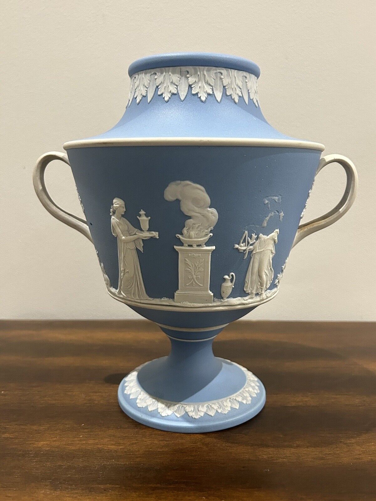 Unusual Wedgwood England Jasperware Twin Handle Urn Vase Blue