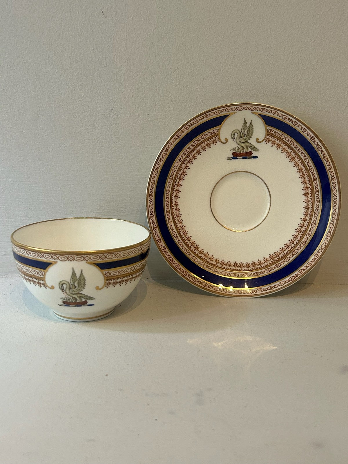 Coalport Armorial Cabinet Cup & Saucer Cobalt Blue Gilt Swan Crest c.19002