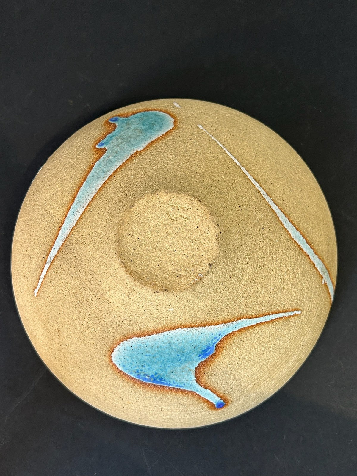 Studio Pottery Stoneware Bowl Blue Turquoise Amber Glaze Splashes 18cm6