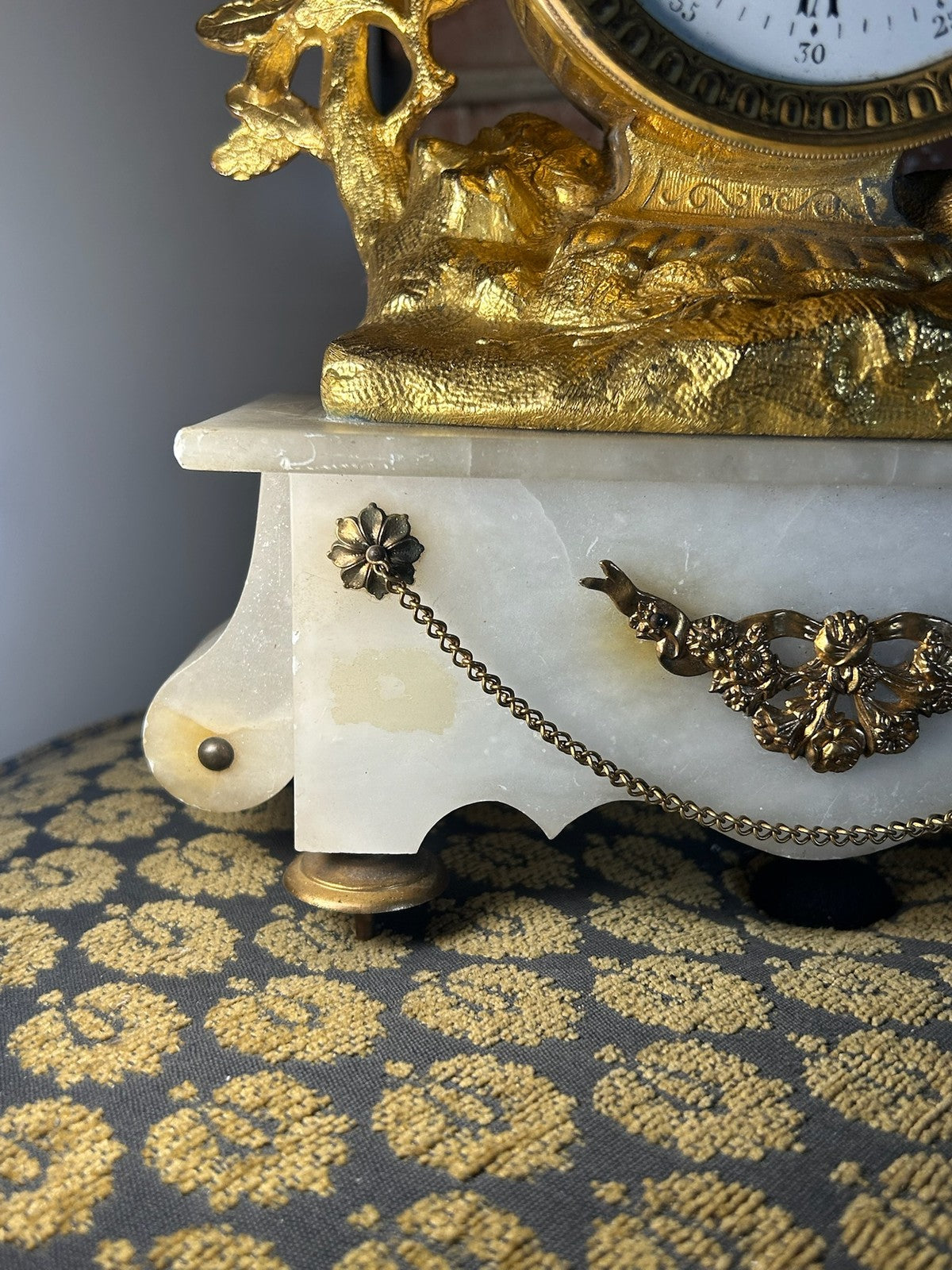 Antique French Gilt Metal Figural Mantel Clock White Marble Base Bell Strike9