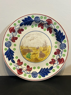 Antique Pottery Plate Rabbits and Frog Spongeware Border 22cm