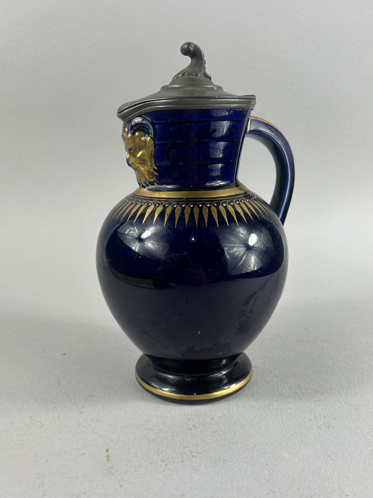 Wedgwood Victorian Blue and Gold Doric Jasperware Jug with Pewter Lid