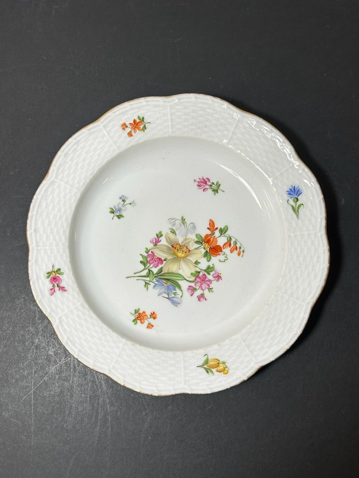 Antique Meissen Porcelain Plate Deutsche Blumen Basketweave Border 19cm A/F0