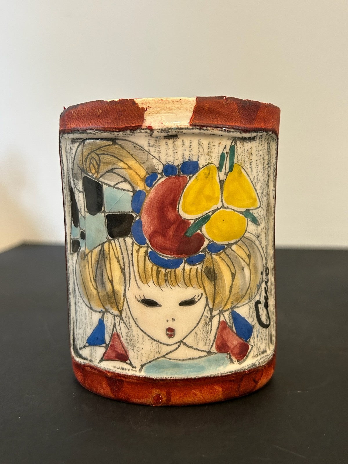 Pair 1960s Italian Pottery Pots Hand Painted Girls Sgraffito Scanware 9.5cm1