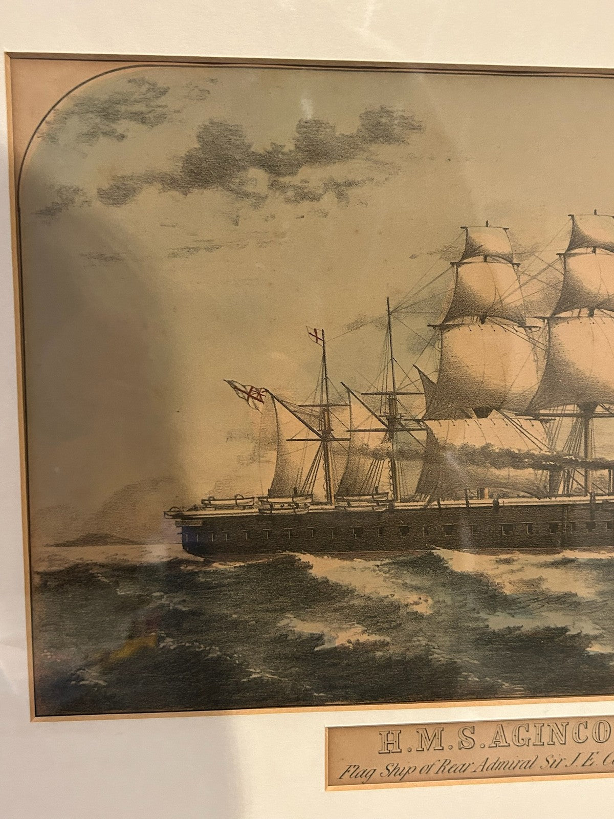 Antique Print HMS Agincourt Flagship Rear Admiral Commerell Ironclad Framed2
