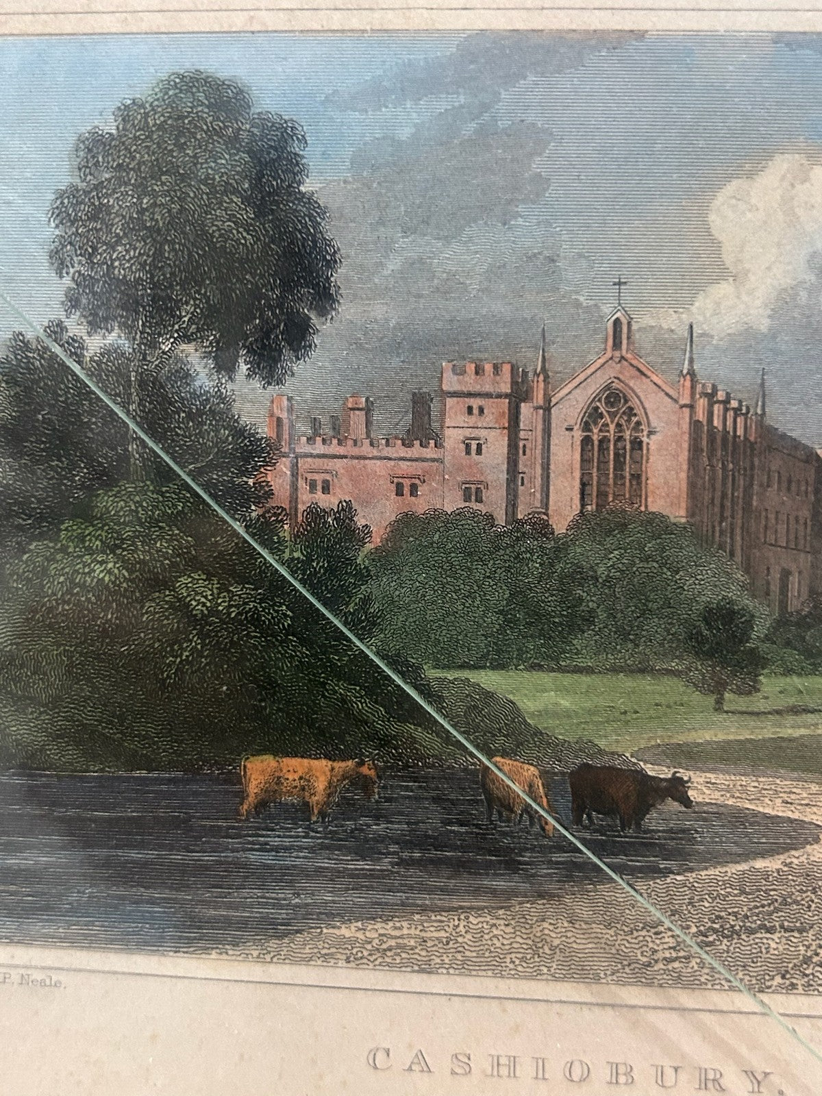 Antique Cashiobury Hertfordshire Gothic Revival Engraving Neale Watkins c.18203