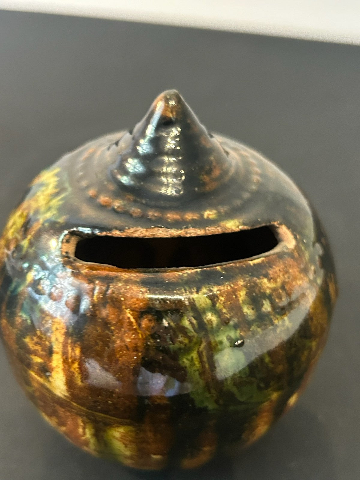 Antique 19th Century Pottery Beehive Money Box Knop Finial Mottled Treacle Glaze6