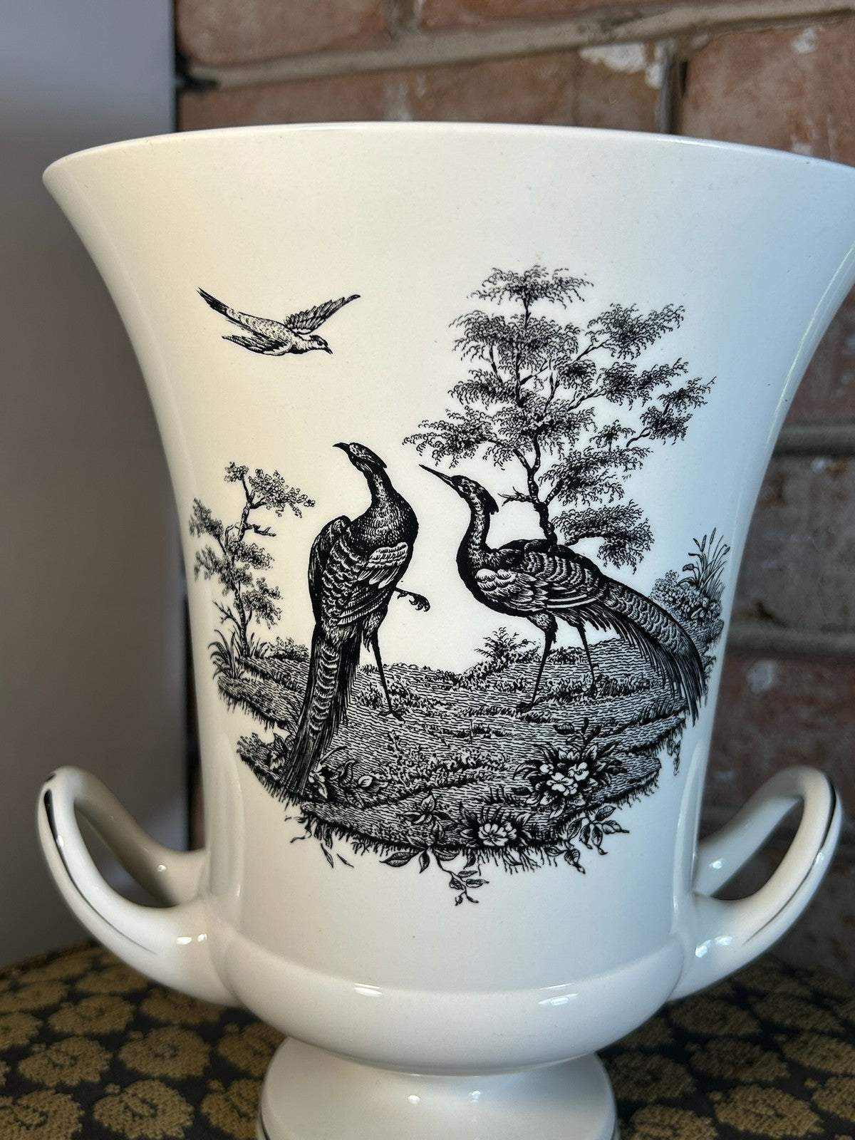 Wedgwood Queensware Campana Vase Black Printed Birds Peacock Twin Handles1