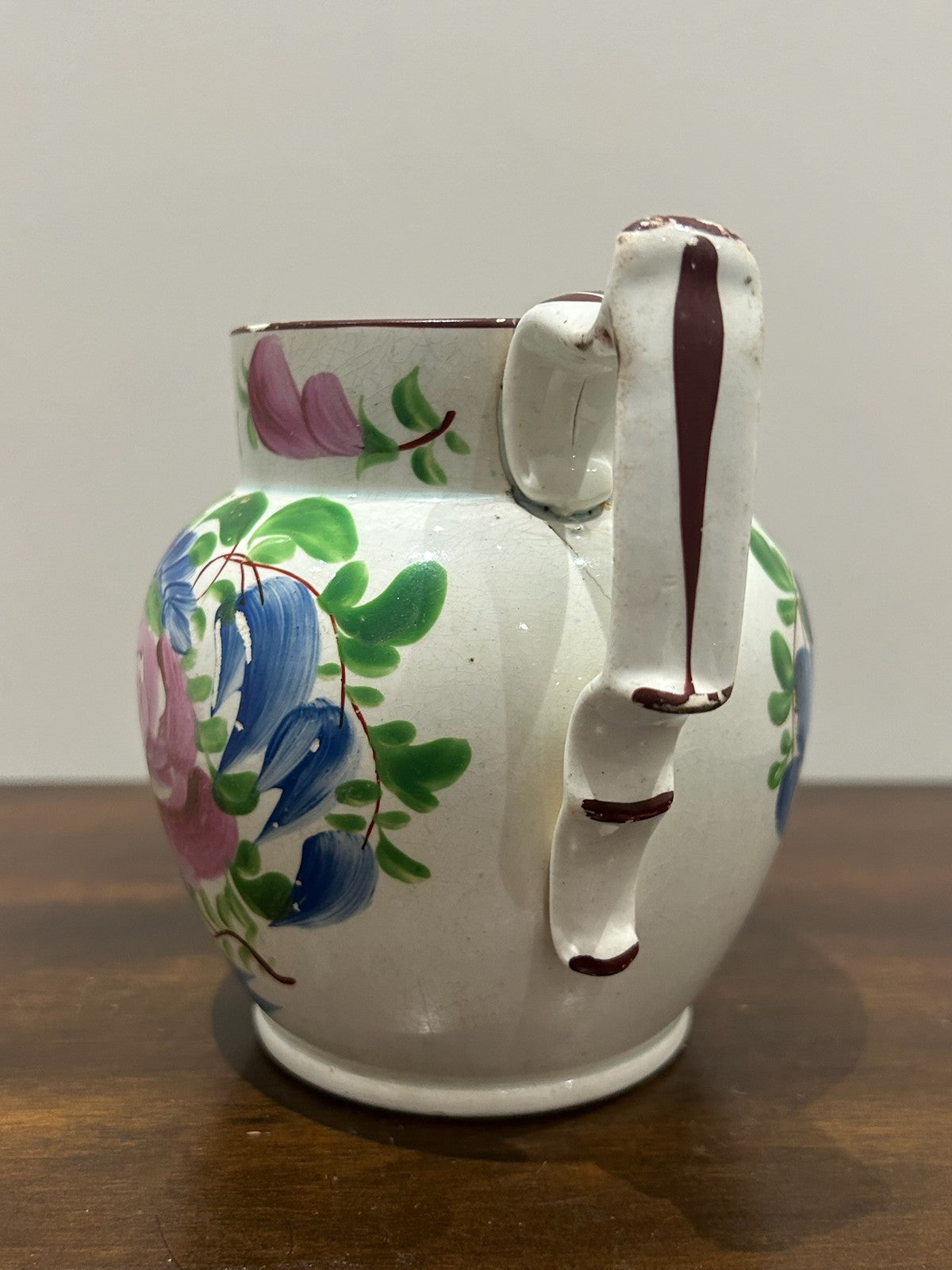 Georgian Pearlware Jug Hand Painted Enamel Pink Cabbage Rose c.18201