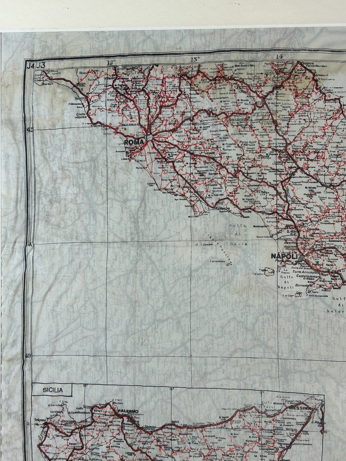 WWII MI9 Silk Escape Map Italy Sicily Sheet J4 1:1,378,000 RAF Evasion Framed2