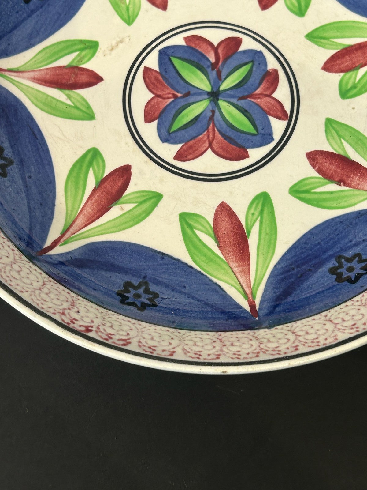 Antique 19th Century Spongeware Hand Painted Plate Blue Red Green Leaves 28cm4