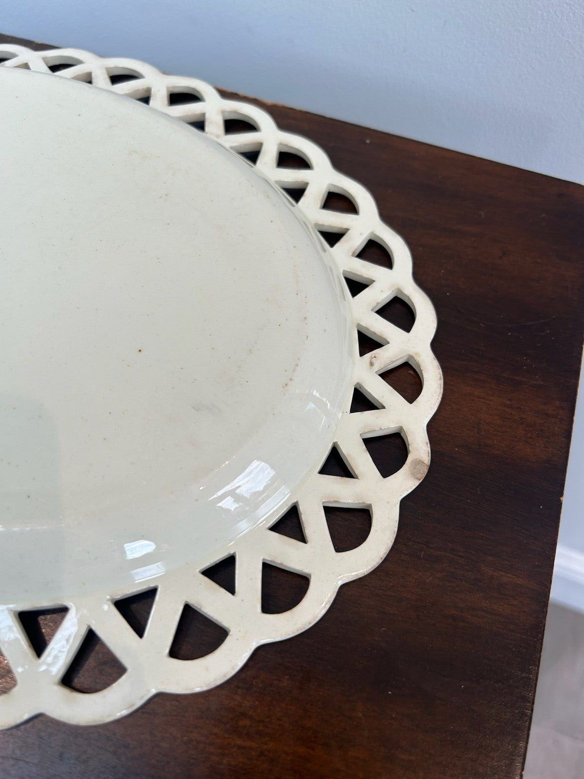 Antique Creamware Oval Dish Pierced Lattice Rim Painted Leaf Border c1800 30cm8