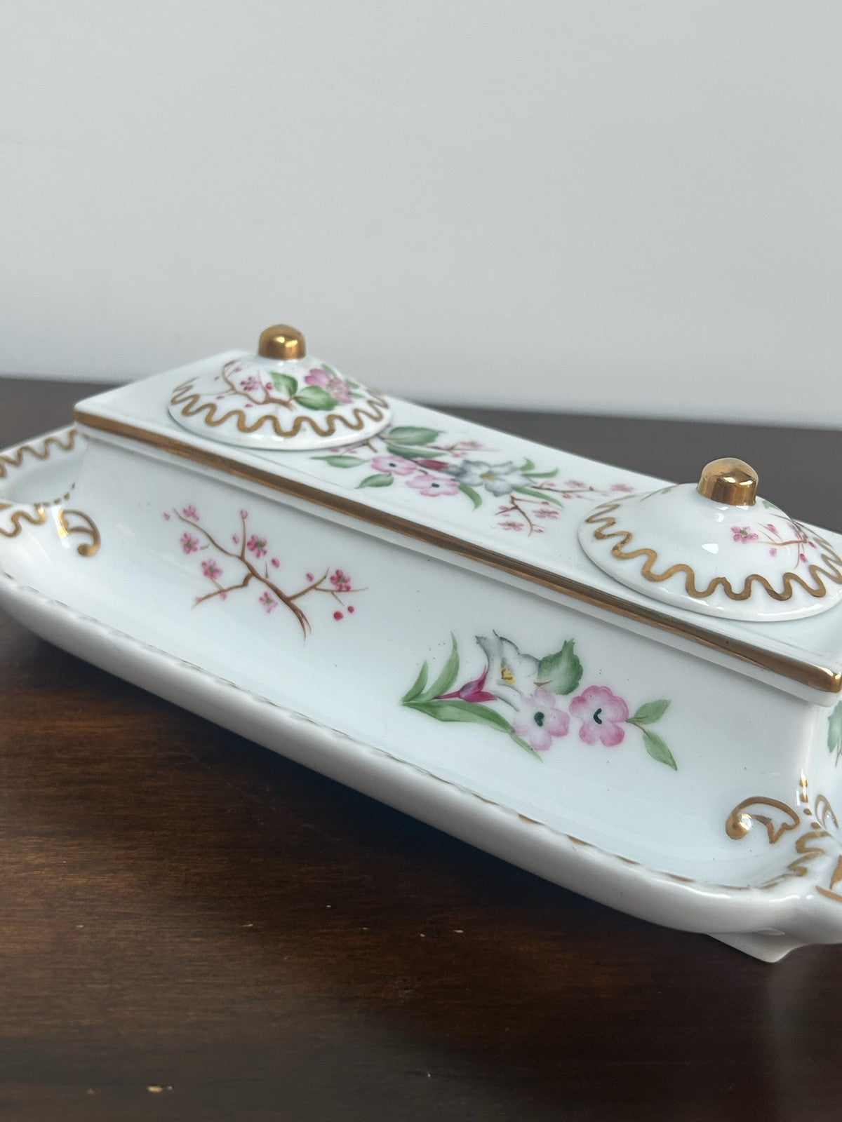 Continental Porcelain Inkstand Pen Tray Prunus Floral Gilt with Lids6