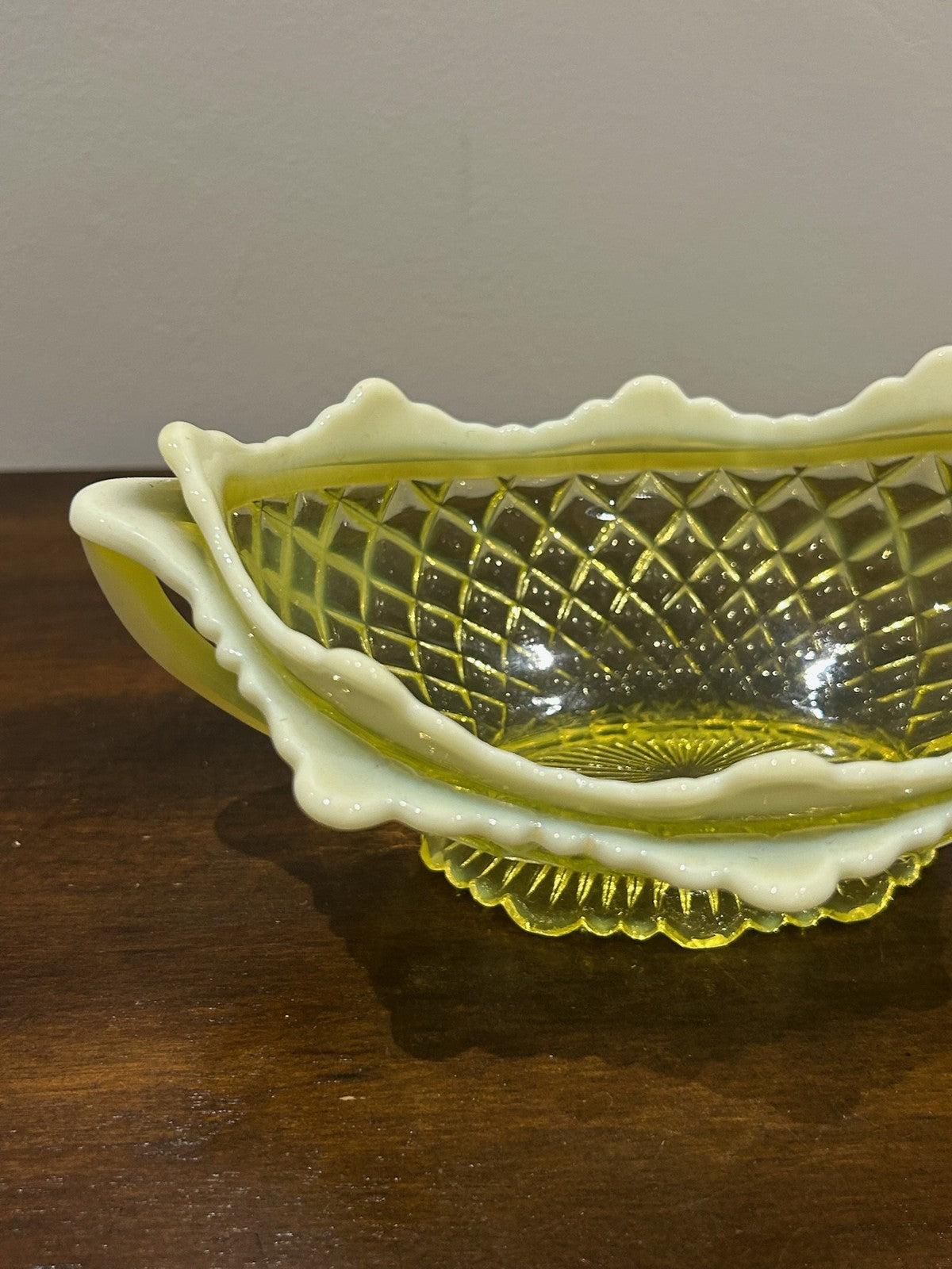 Davidson Primrose Pearline Uranium Glass Boat Bowl Lady Chippendale c.18951