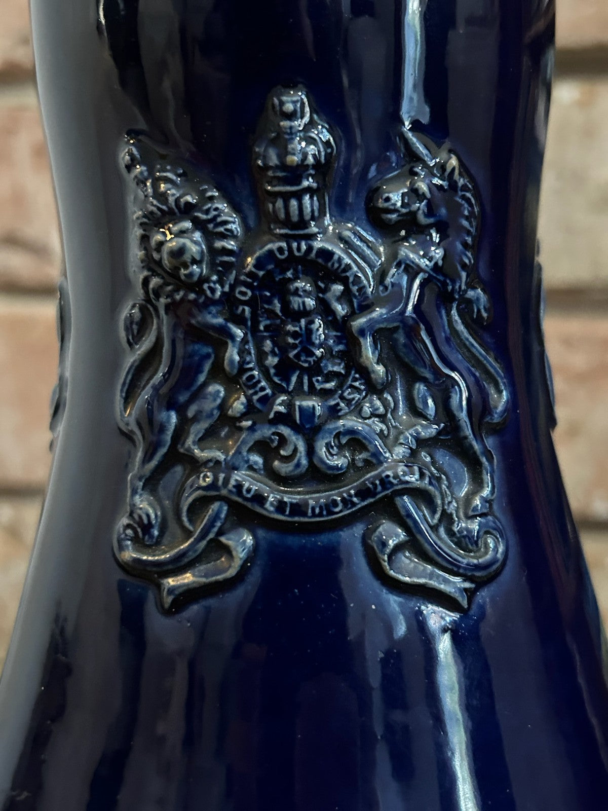 Royal Doulton Lambeth Cobalt Blue Stoneware Vase Royal Arms Relief Bottle Form1