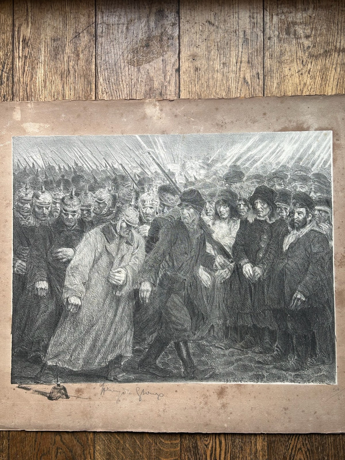 Henry de Groux Signed WWI Lithograph German Soldiers Driving Civilians Remarque1
