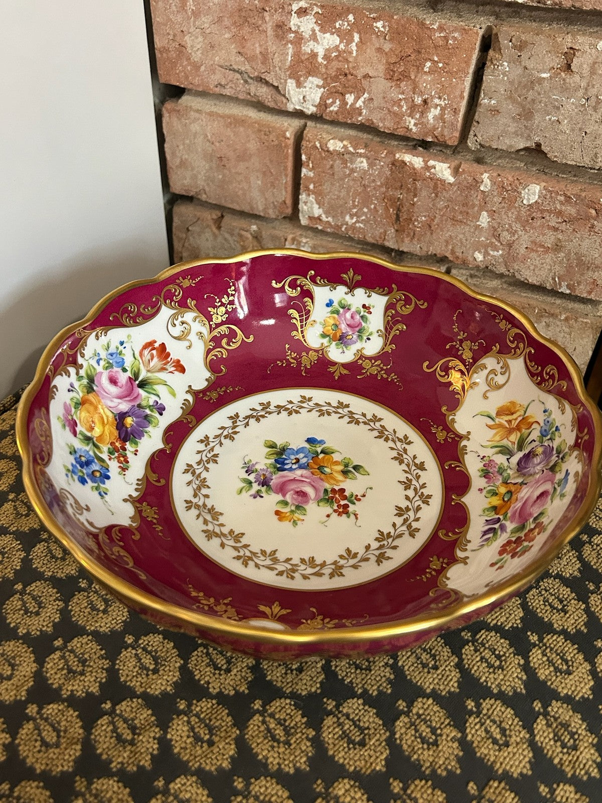 Le Tallec Paris Hand Painted Porcelain Bowl Crimson Gilt Floral Scalloped Rim1