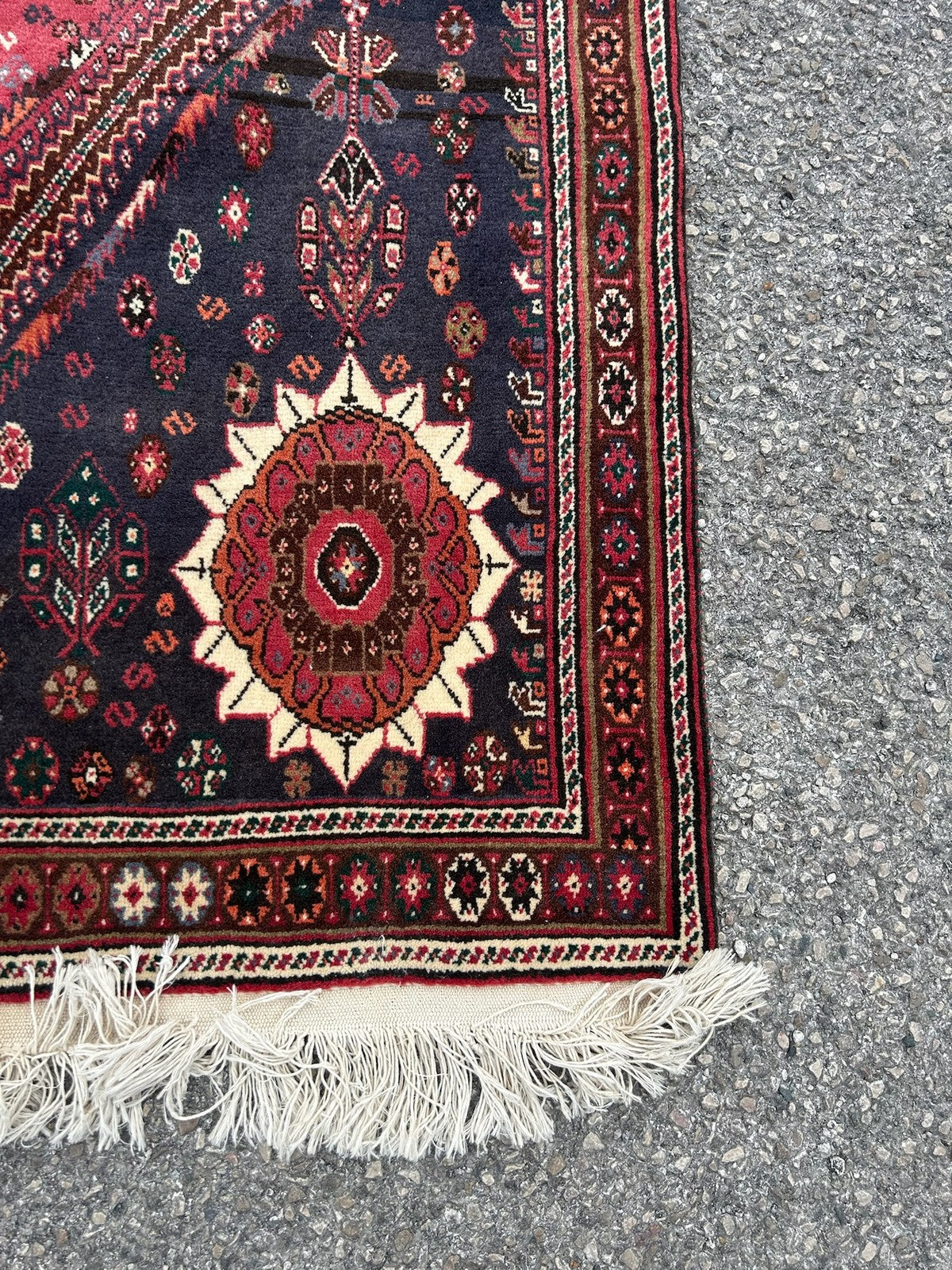Vintage Oriental Rug Red Navy Central Medallion Floral Pattern Wool Fringed11