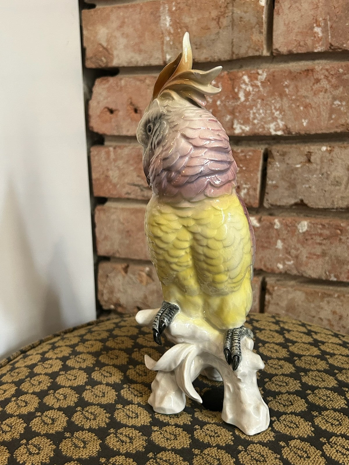 Vintage Continental Porcelain Cockatoo Bird Figurine Pink Yellow Crest Perched7
