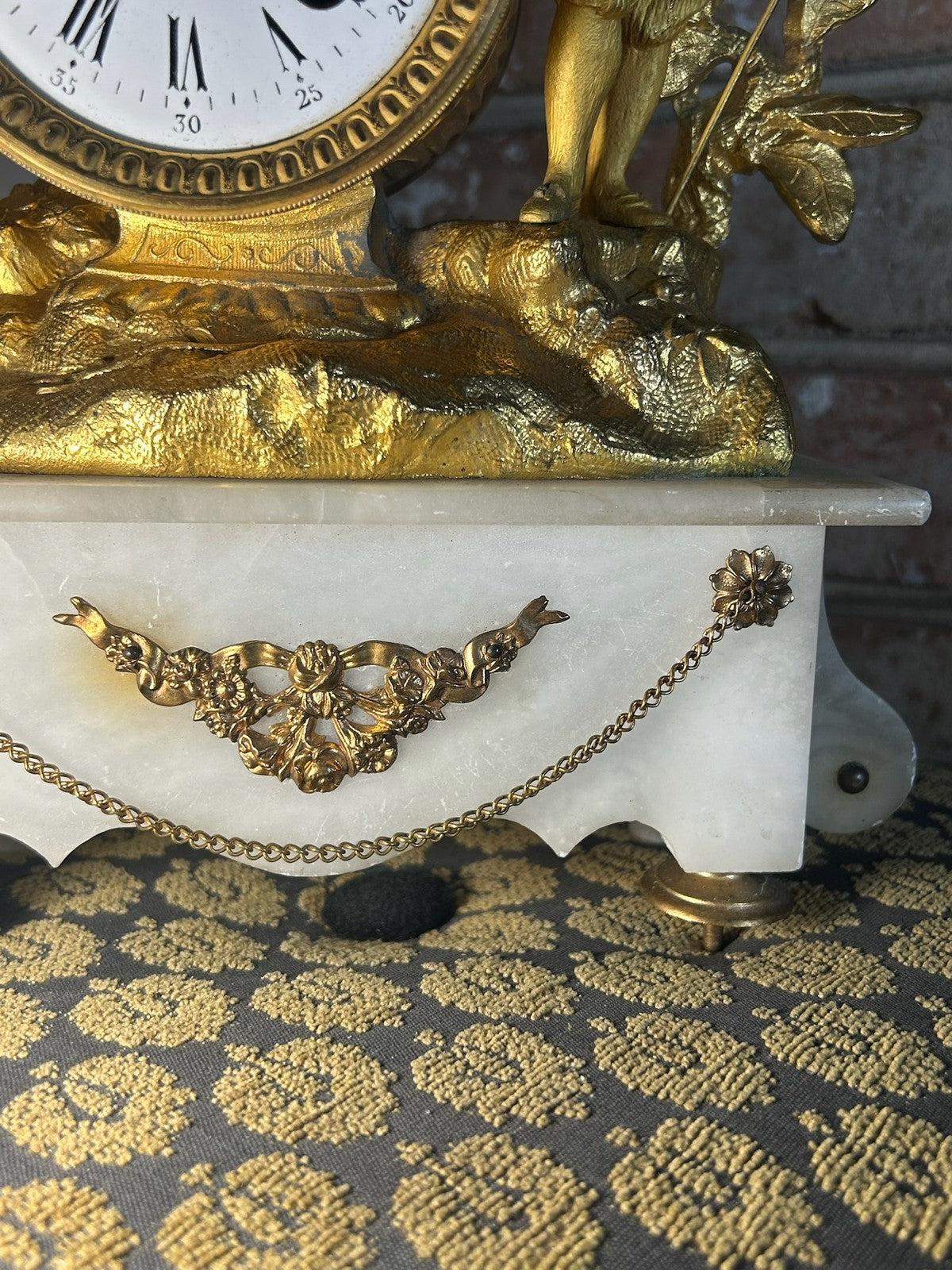 Antique French Gilt Metal Figural Mantel Clock White Marble Base Bell Strike10