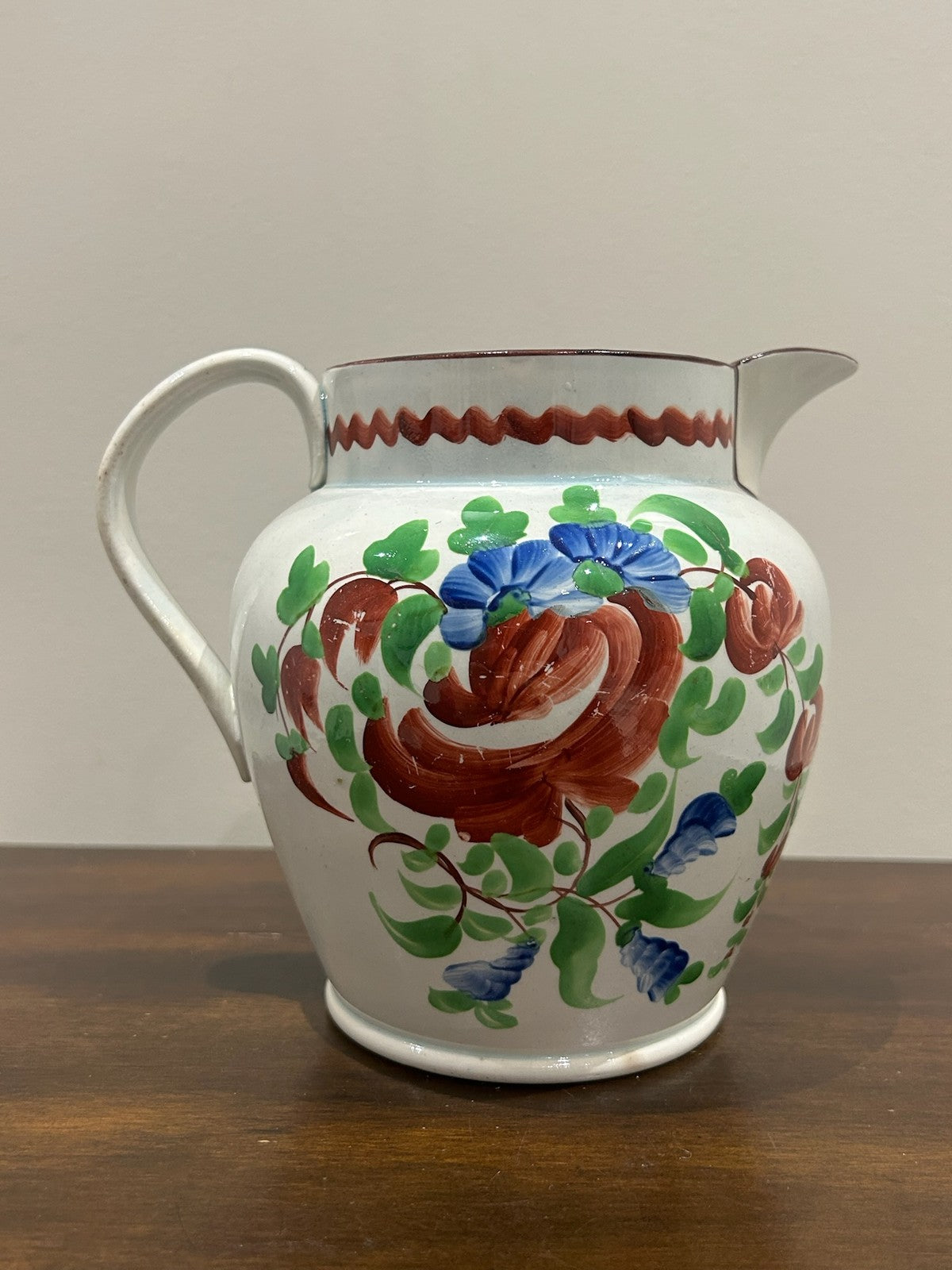 Georgian Pearlware Jug Hand Painted Enamel Red Roses c.18200