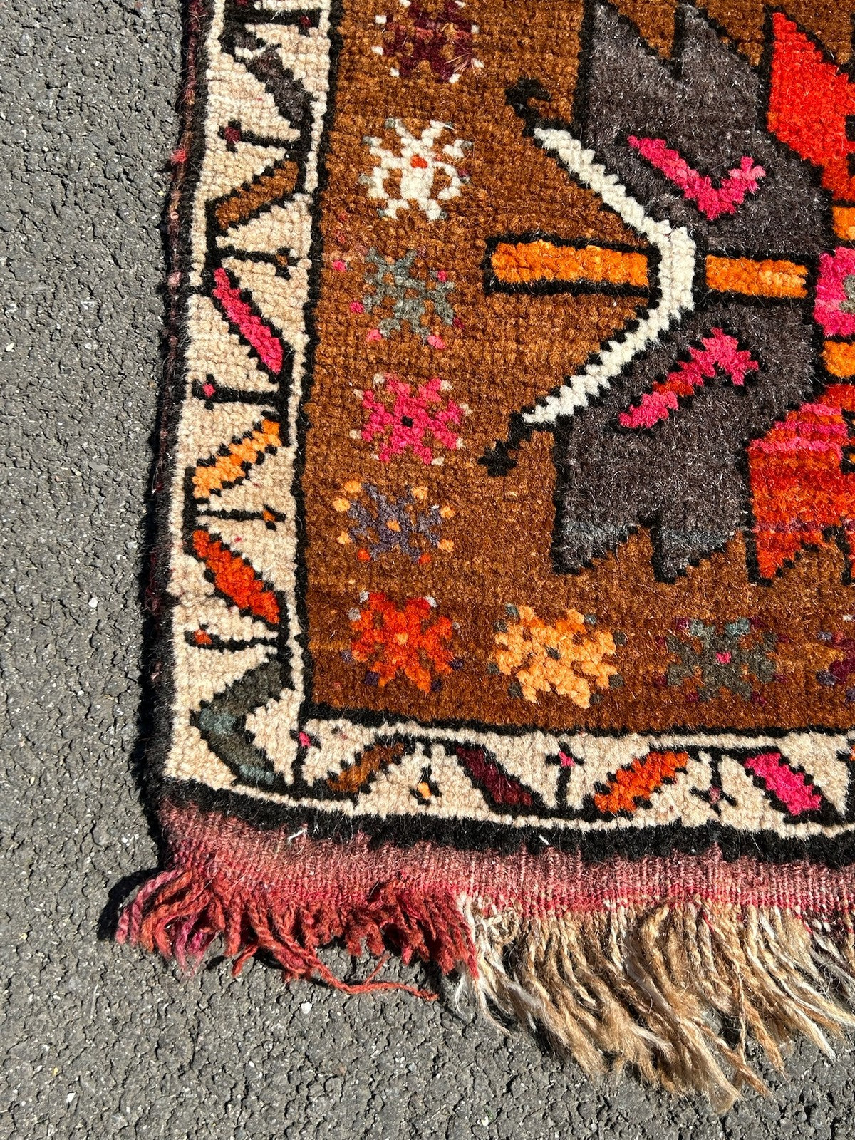 Vintage Tribal Rug Anatolian Style Red Orange Brown Geometric Hooked Medallions3