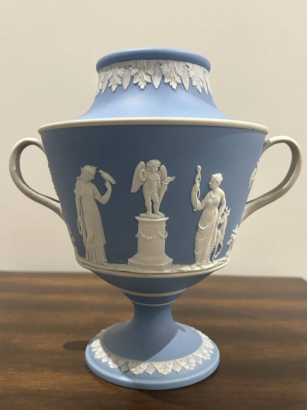 Unusual Wedgwood England Jasperware Twin Handle Urn Vase Blue