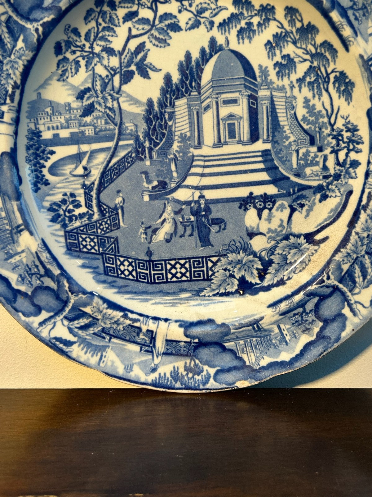 Antique Staffordshire Blue White Plate Classical Temple c1820 Transferware7