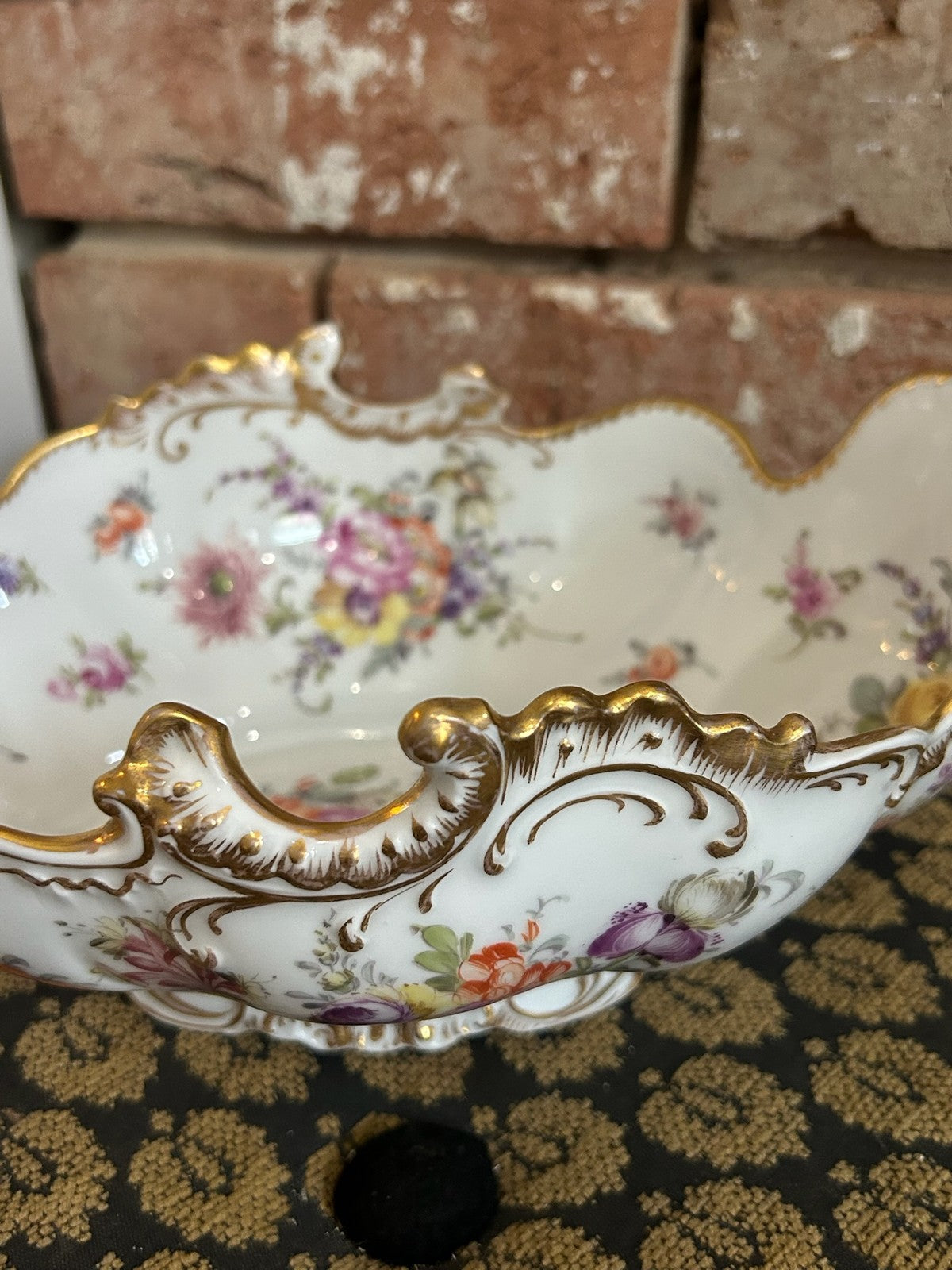 Dresden Porcelain Shaped Dish Hand Painted Flowers Gilt Scroll Rim Crown Mark4
