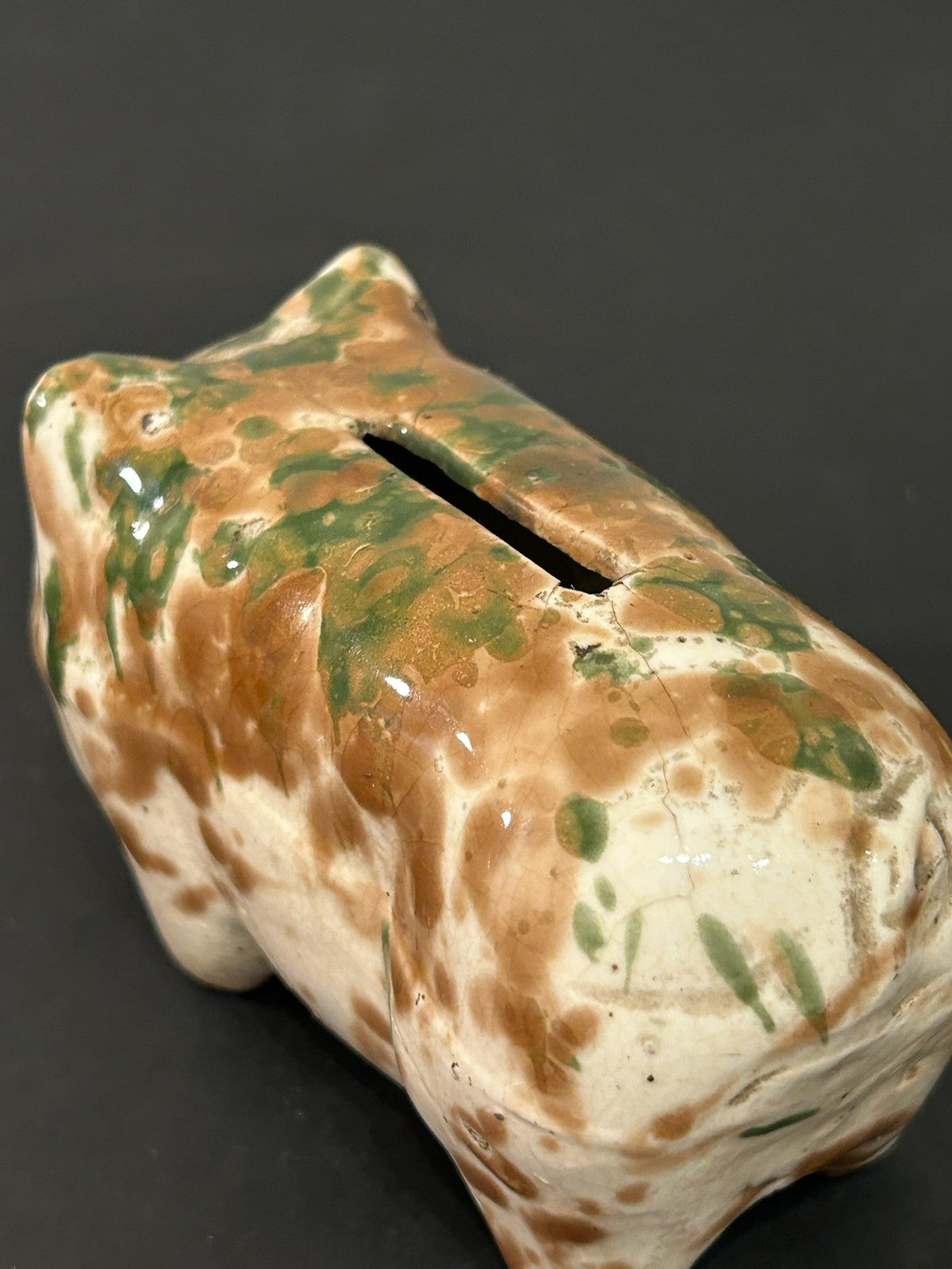 Antique 19th Century Spongeware Pottery Pig Money Box Green Brown Sponged 12cm3