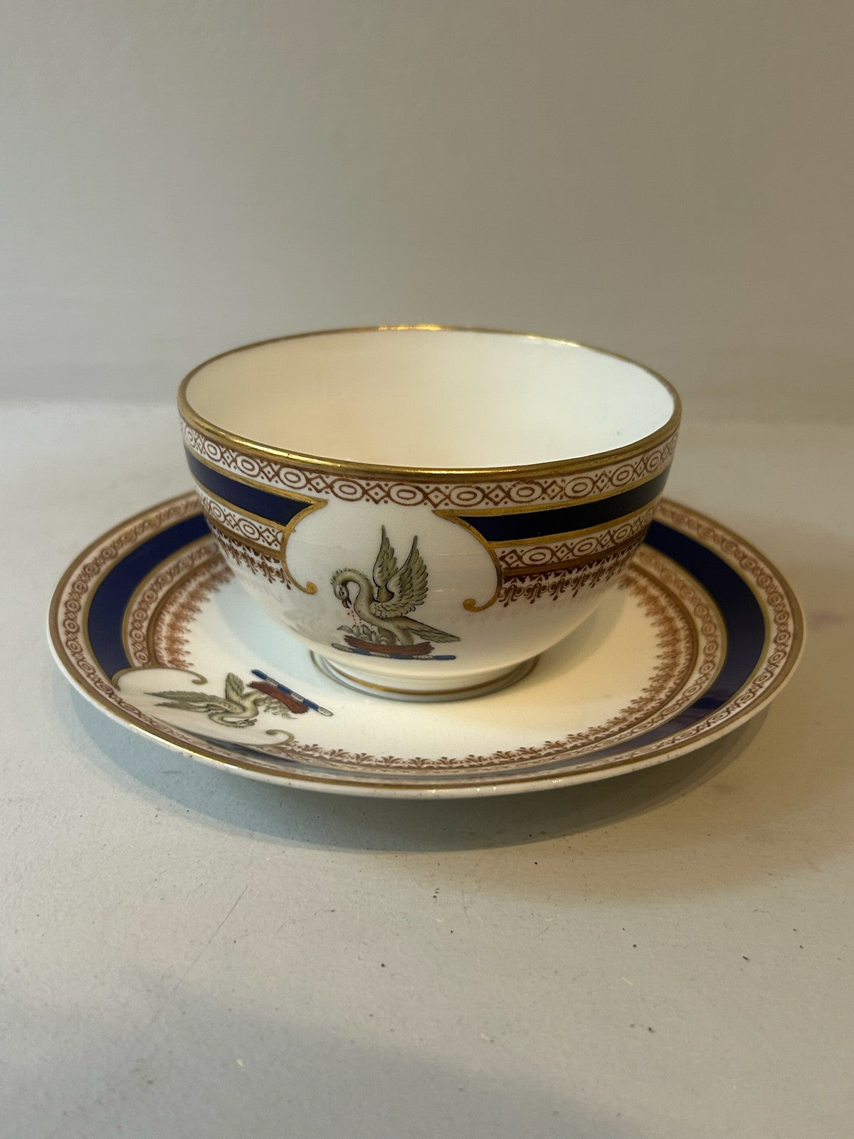 Coalport Armorial Cabinet Cup & Saucer Cobalt Blue Gilt Swan Crest c.19001