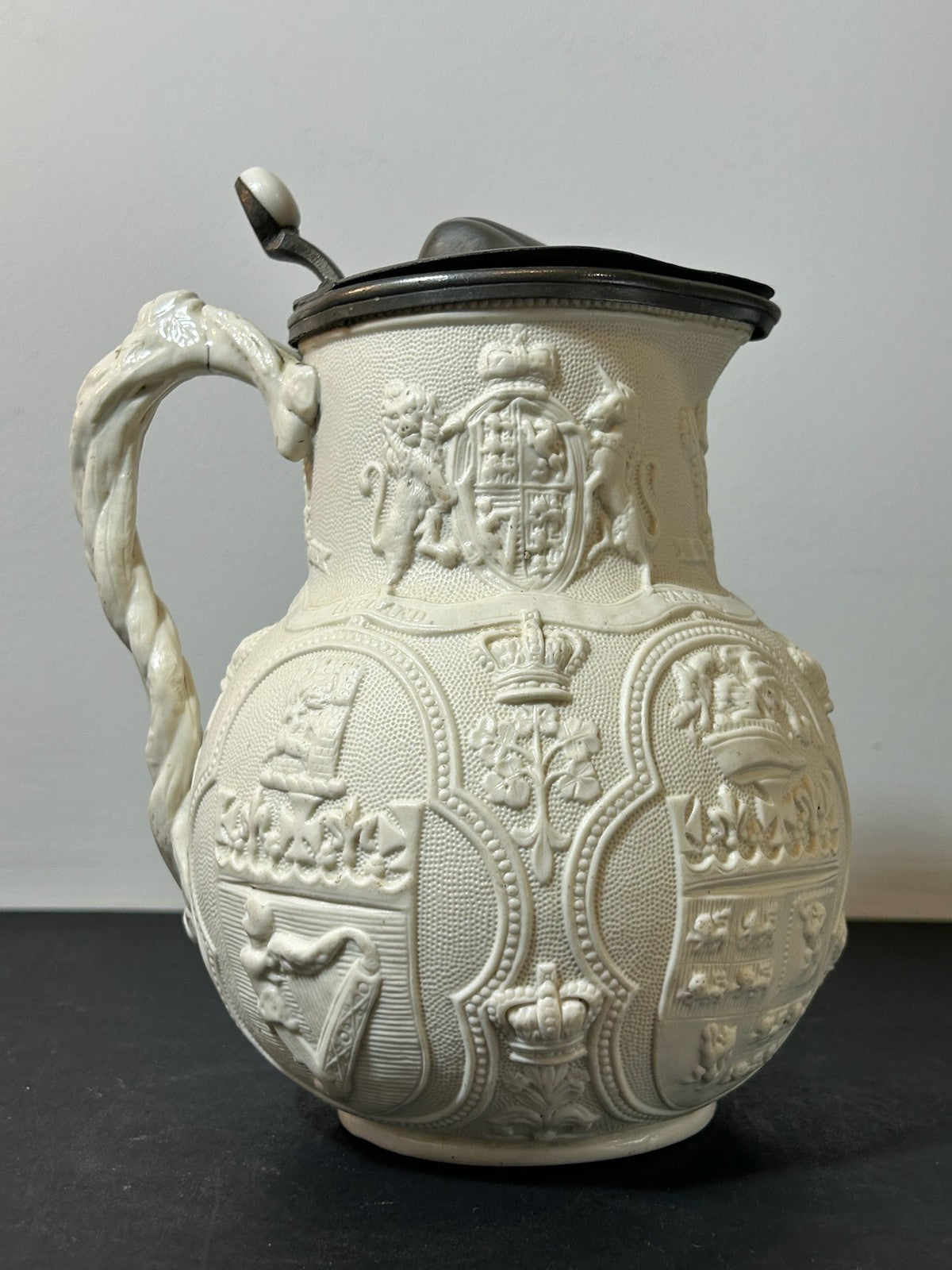 Victorian Relief Moulded Stoneware Jug Pewter Lid Gothic Figures Cobridge 18632