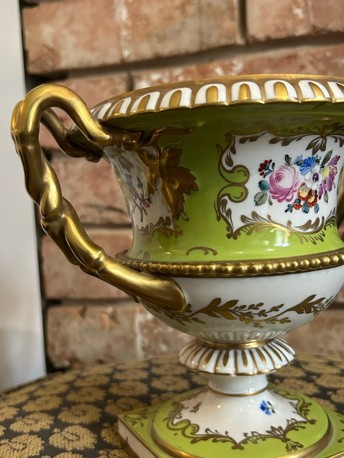 Dresden Porcelain Twin Handled Campana Urn Green Gilt Floral Reserves Plinth18