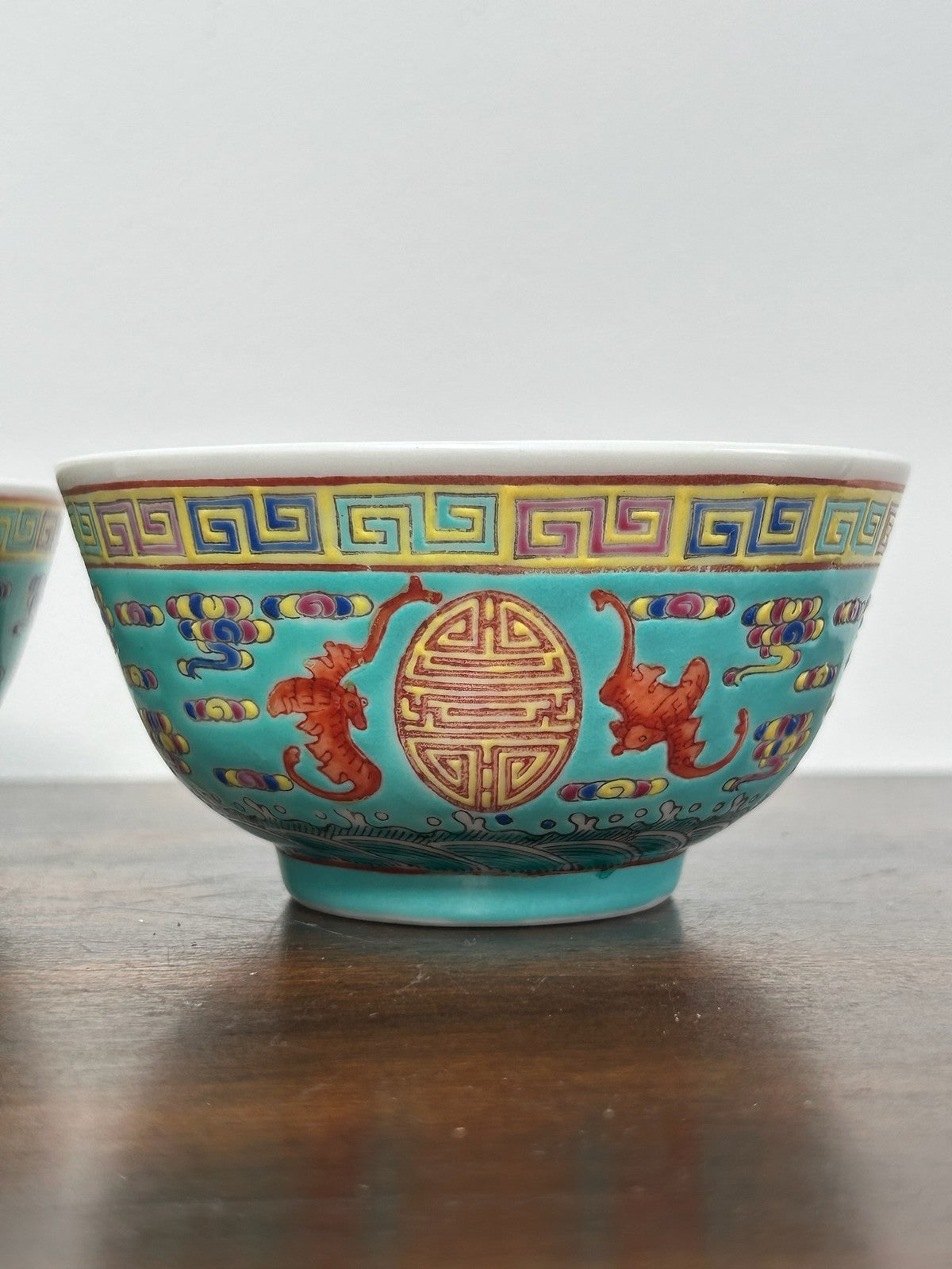 Pair Chinese Famille Rose Turquoise Ground Bats & Shou Bowls Jingdezhen Mark1