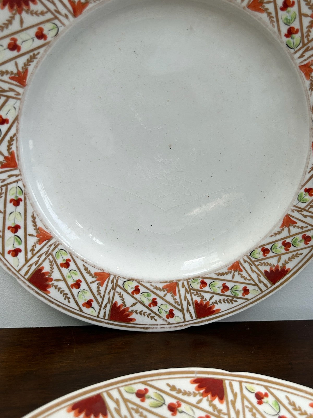 Pair Antique English Porcelain Plates Iron Red Stylised Leaf Border A/F5