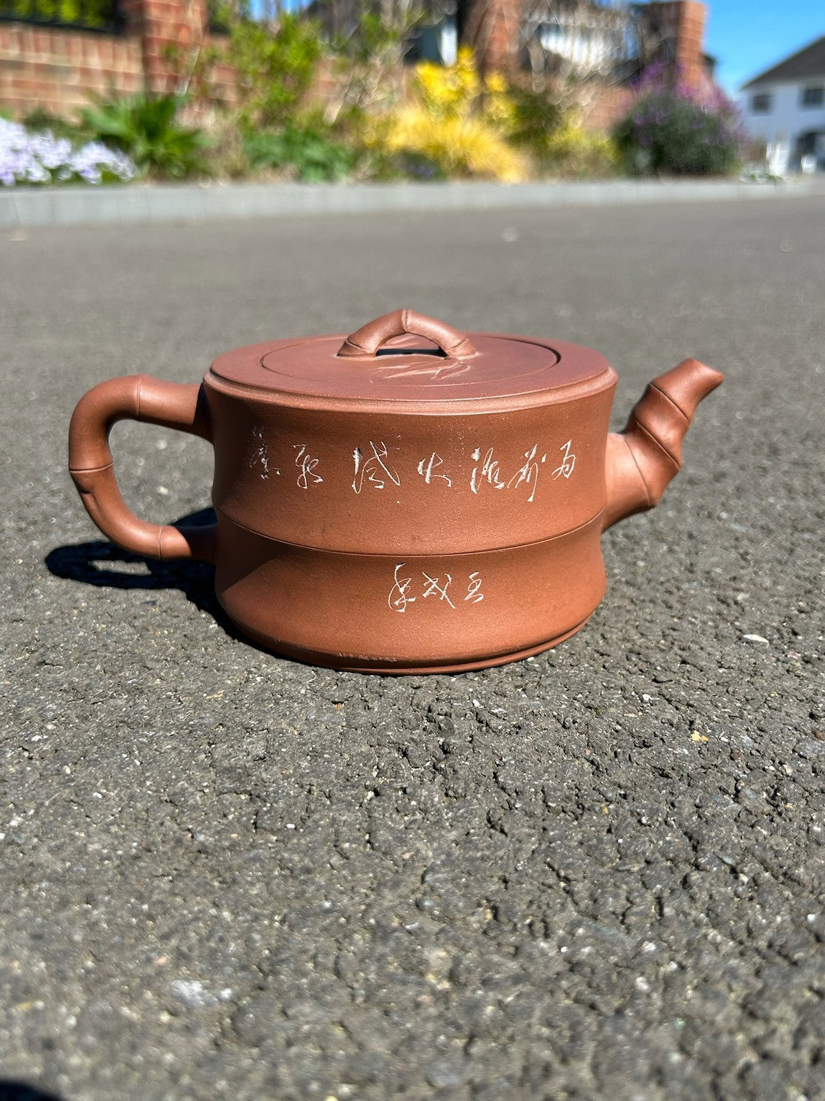 Chinese Yixing Zisha Teapot Bamboo Knop Incised Calligraphy Seal Mark Stoneware11