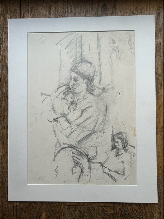 1930s Pencil Study Sheet Mother & Child Figure Sketches American School0