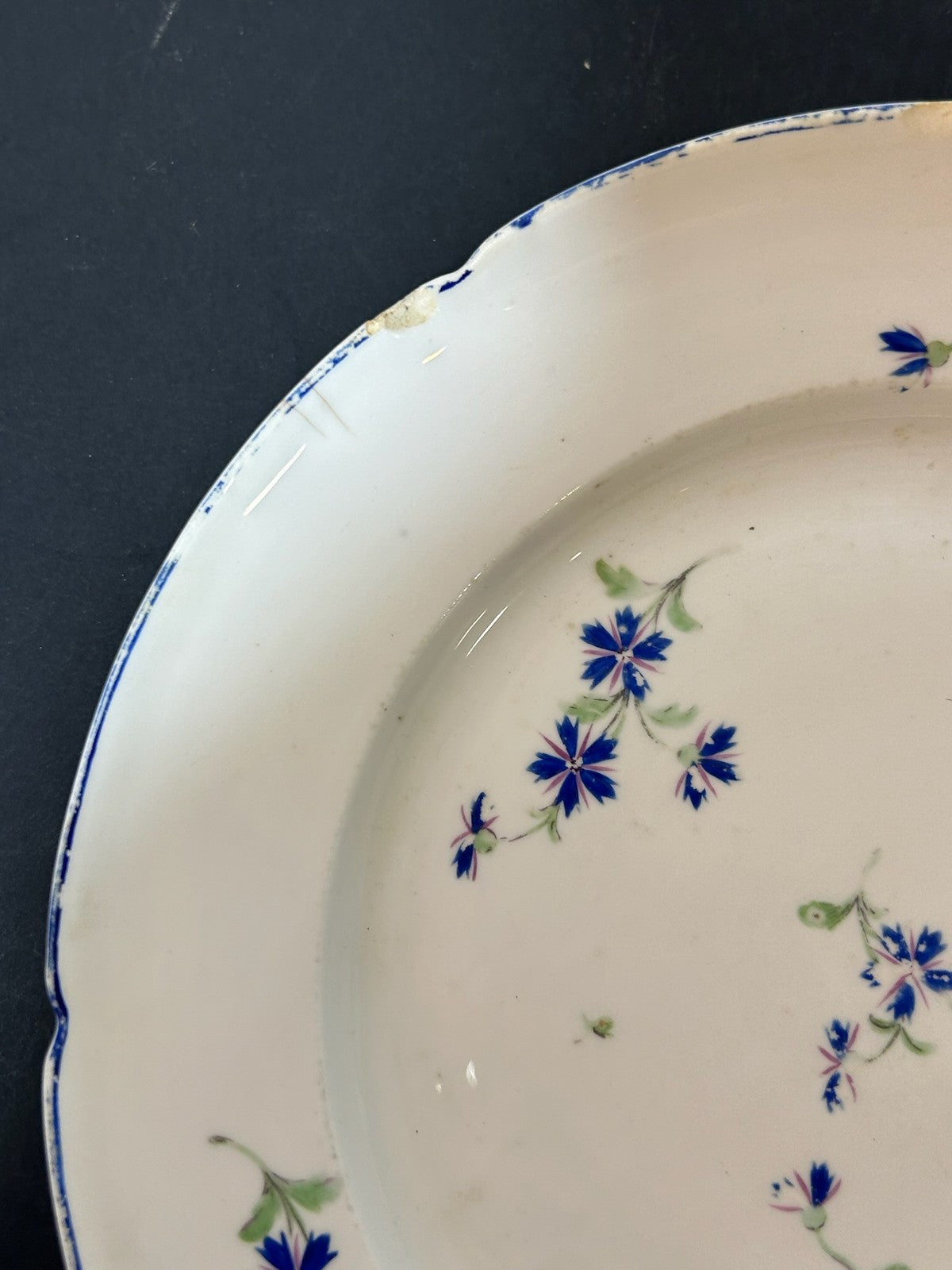 Pair Antique Plates Blue Cornflower Sprig Barbeau Pattern Blue Rim 24cm2