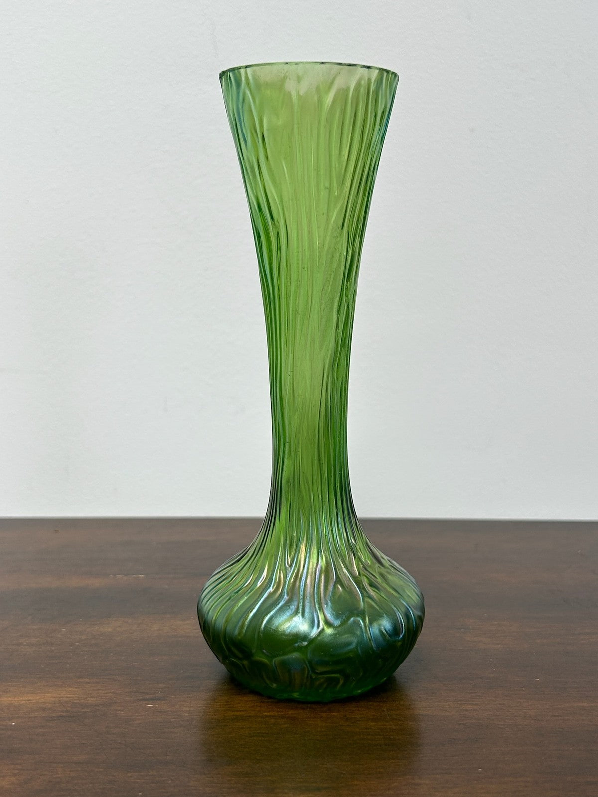 Loetz Bohemian Iridescent Art Glass Vase Green Oil Spot Bark 18cm1